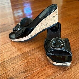 Nine West patent leather buckle slides with 2.5” cork wedge heels, EUC